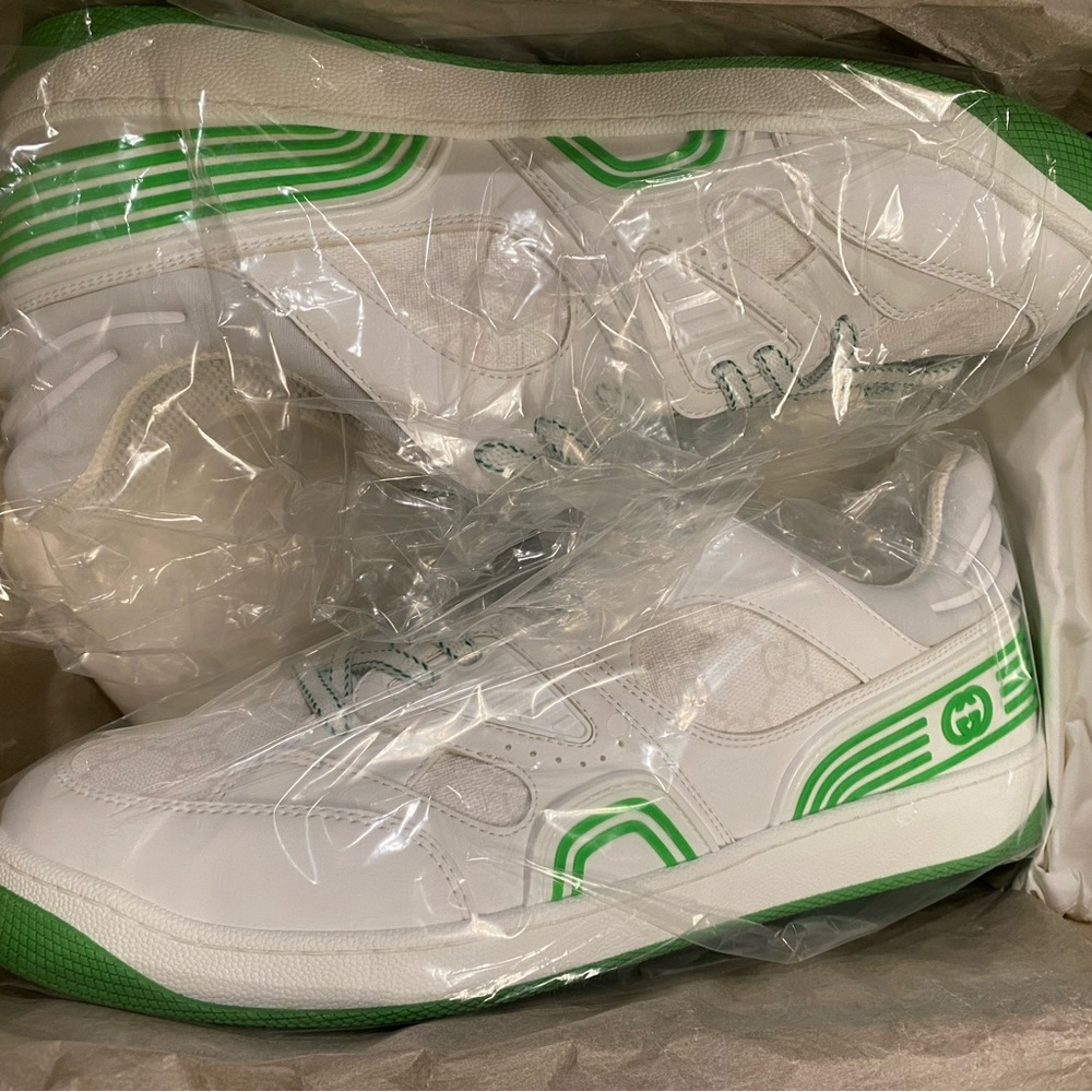 NIB Gucci 10 Men’s Basketball Shoes White Green Box Cloth Bags Basket - Picture 14 of 15